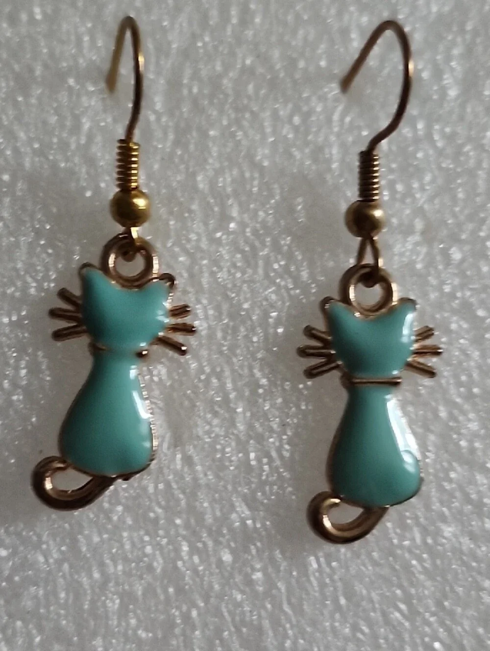 Hand Crafted Teal Cat Dangle Earrings with Gold Accents